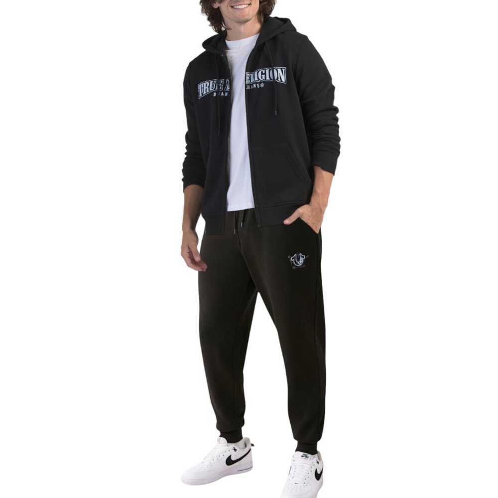 True Religion 2 PC Men's Sweatsuit Denim Logo Hoodie Joggers Tracksuit Set NWT